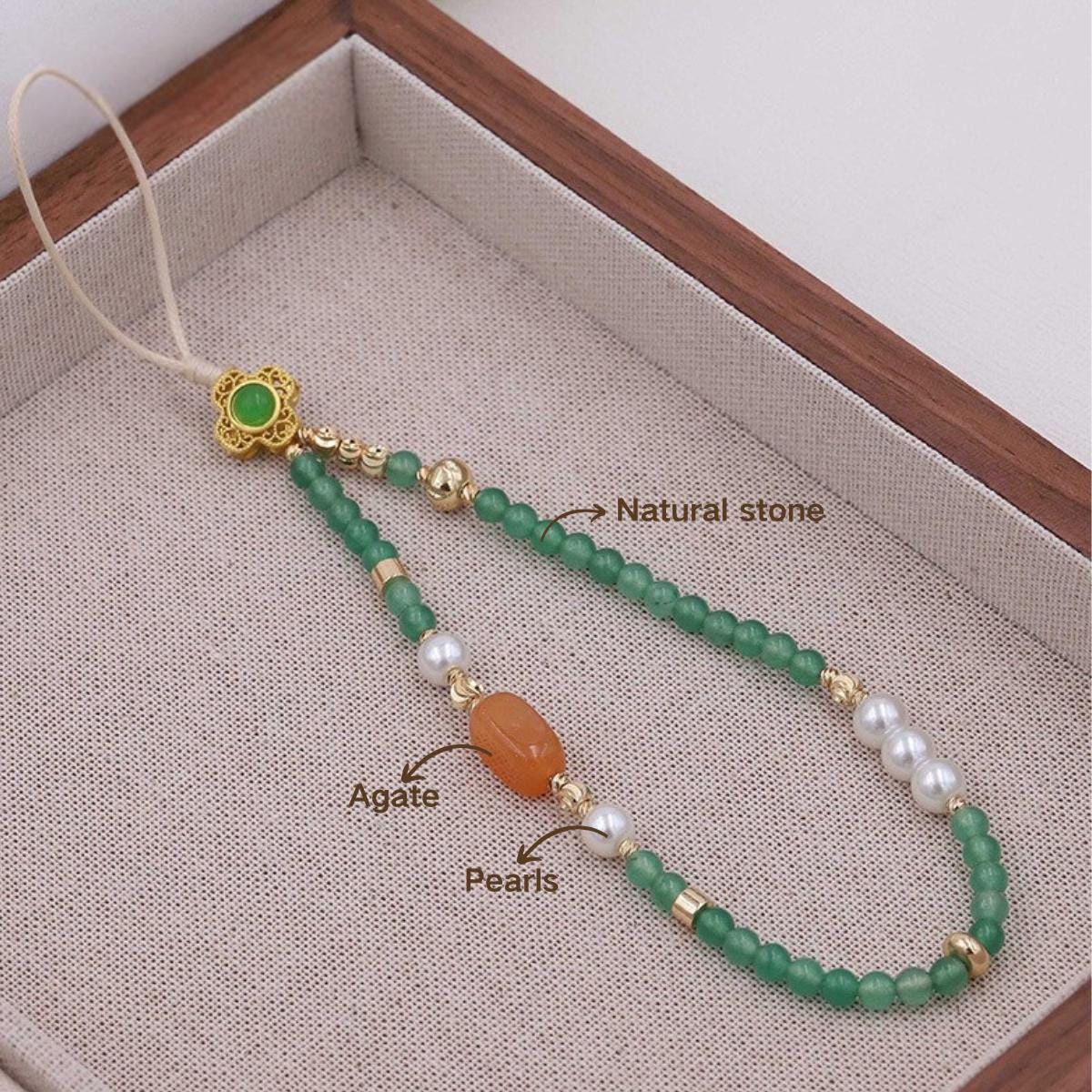 Gemstone Phone Charm: Green Beaded Phone Strap With Pearl & Agate, Handmade Crystal Phone Wristlet, Lucky Phone Accessory