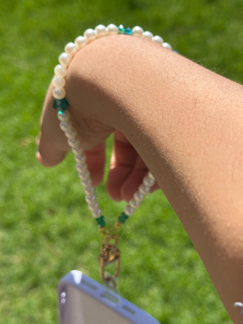 Emerald Green Crystal Pearl Phone Strap, Vintage Style Beaded Wristlet