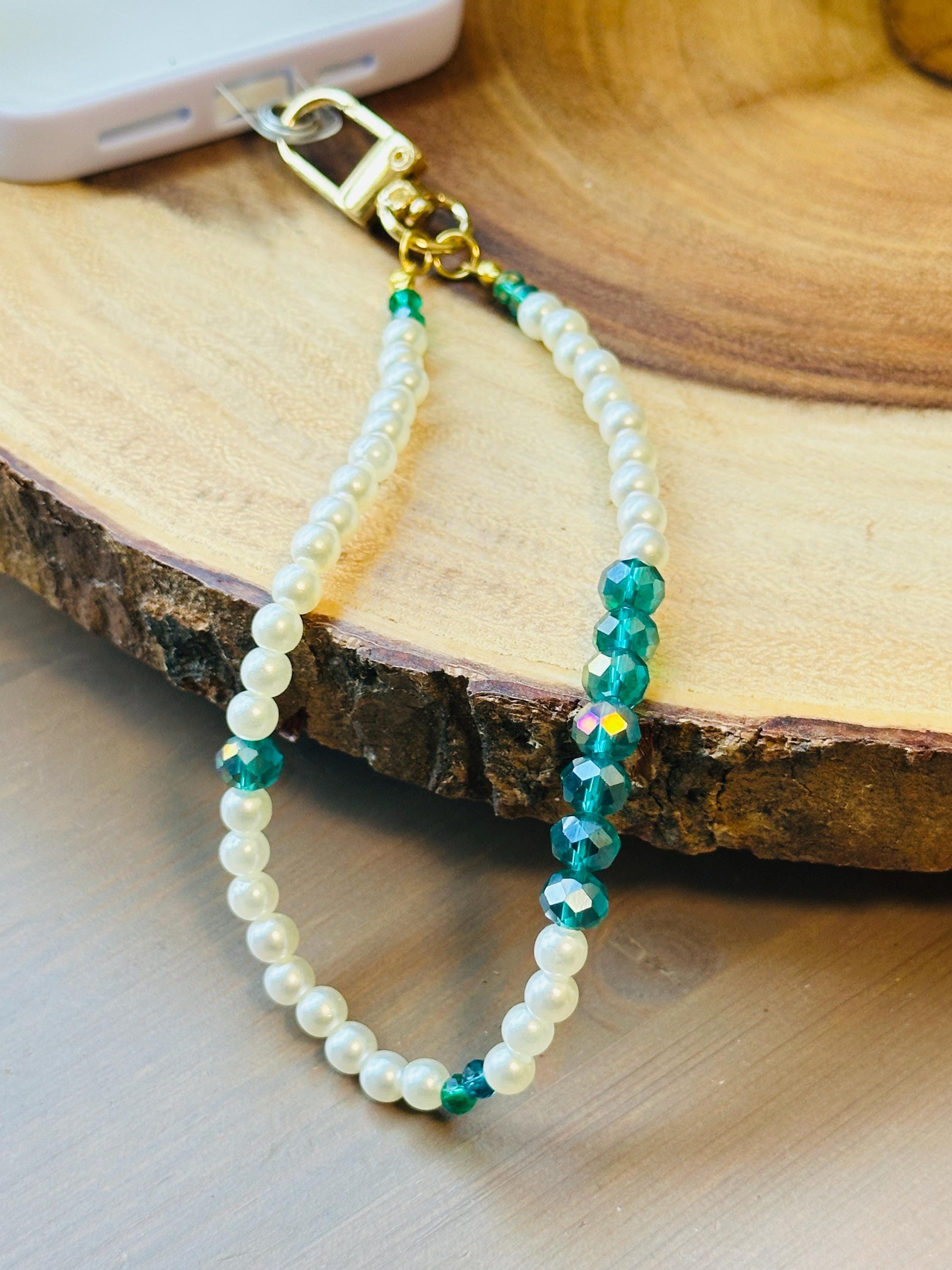 Emerald Green Crystal Pearl Phone Strap, Vintage Style Beaded Wristlet