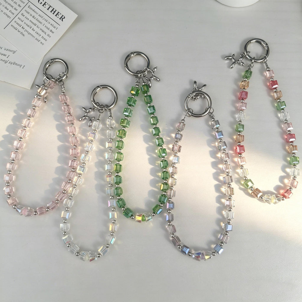 Multi-color Cube Crystal Phone Chain • Iridescent Square Beaded Lanyard
