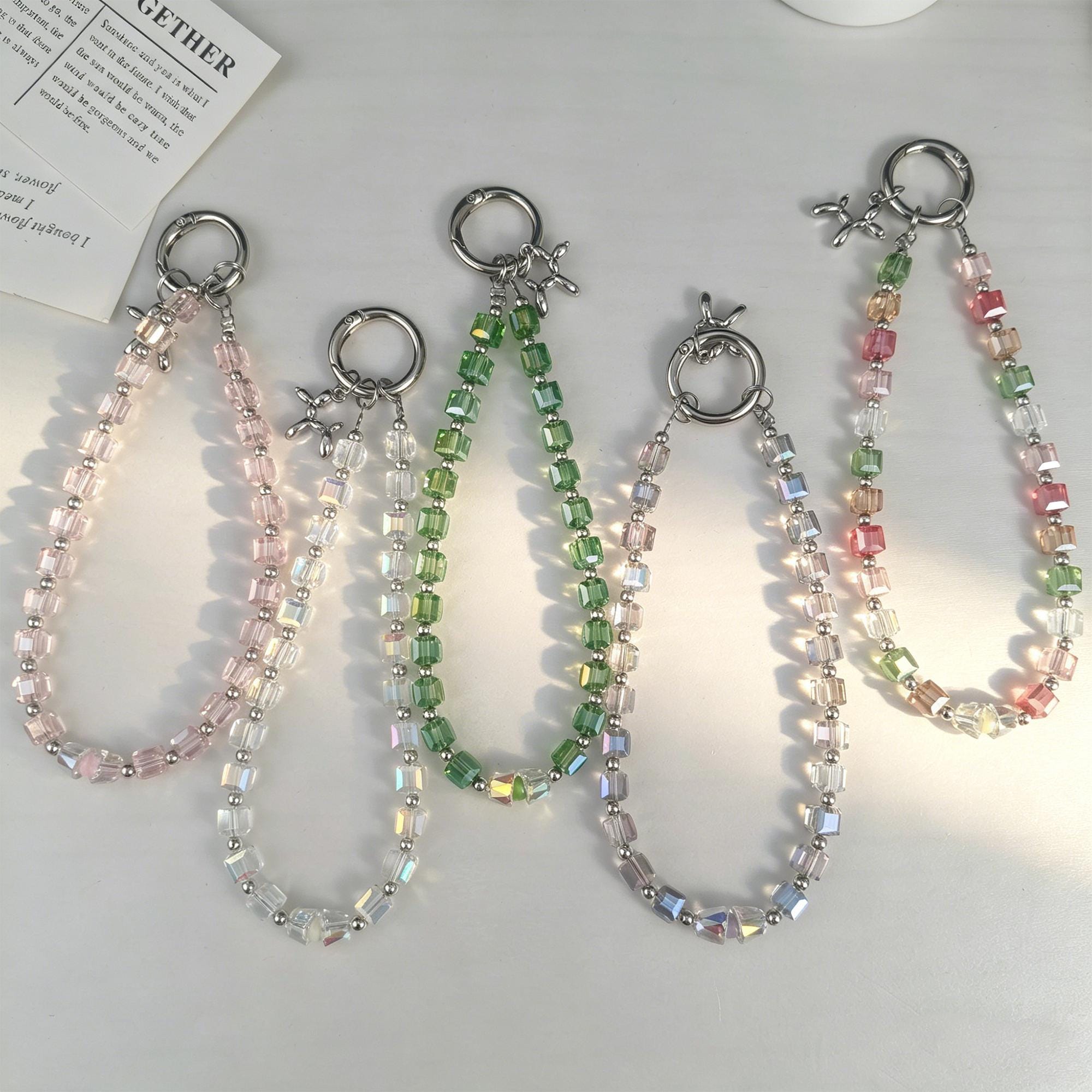 Multi-color Cube Crystal Phone Chain • Iridescent Square Beaded Lanyard