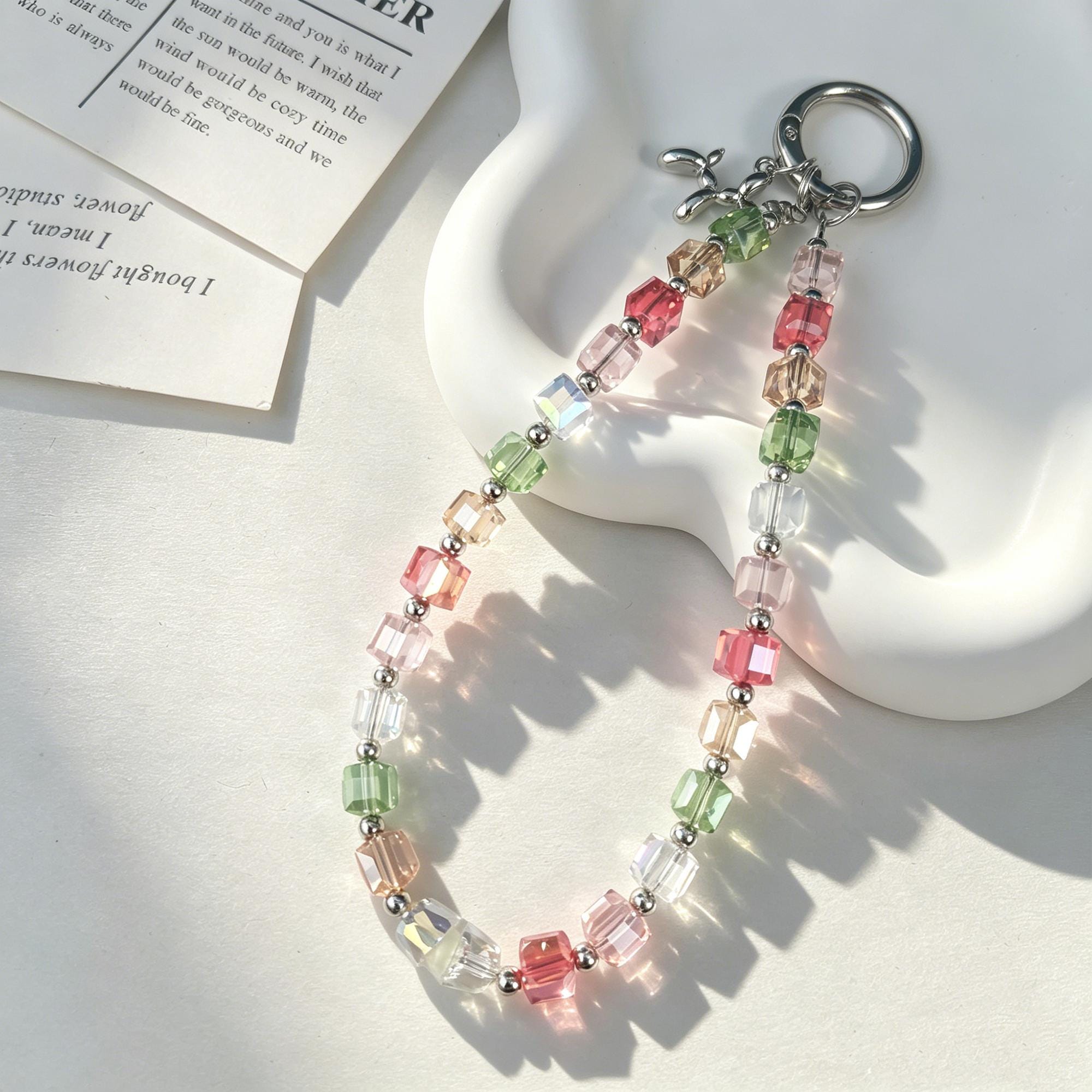 Multi-color Cube Crystal Phone Chain • Iridescent Square Beaded Lanyard