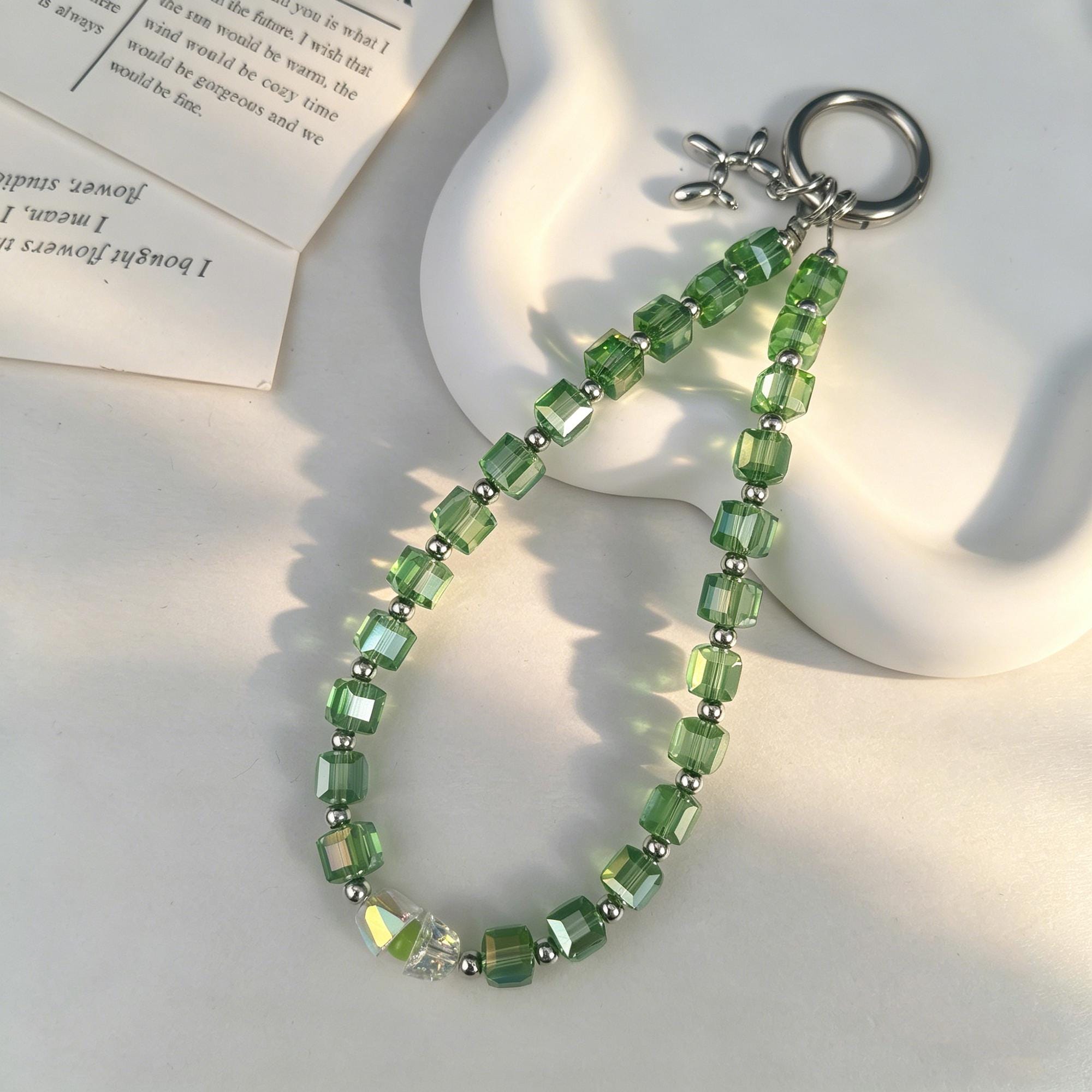 Multi-color Cube Crystal Phone Chain • Iridescent Square Beaded Lanyard
