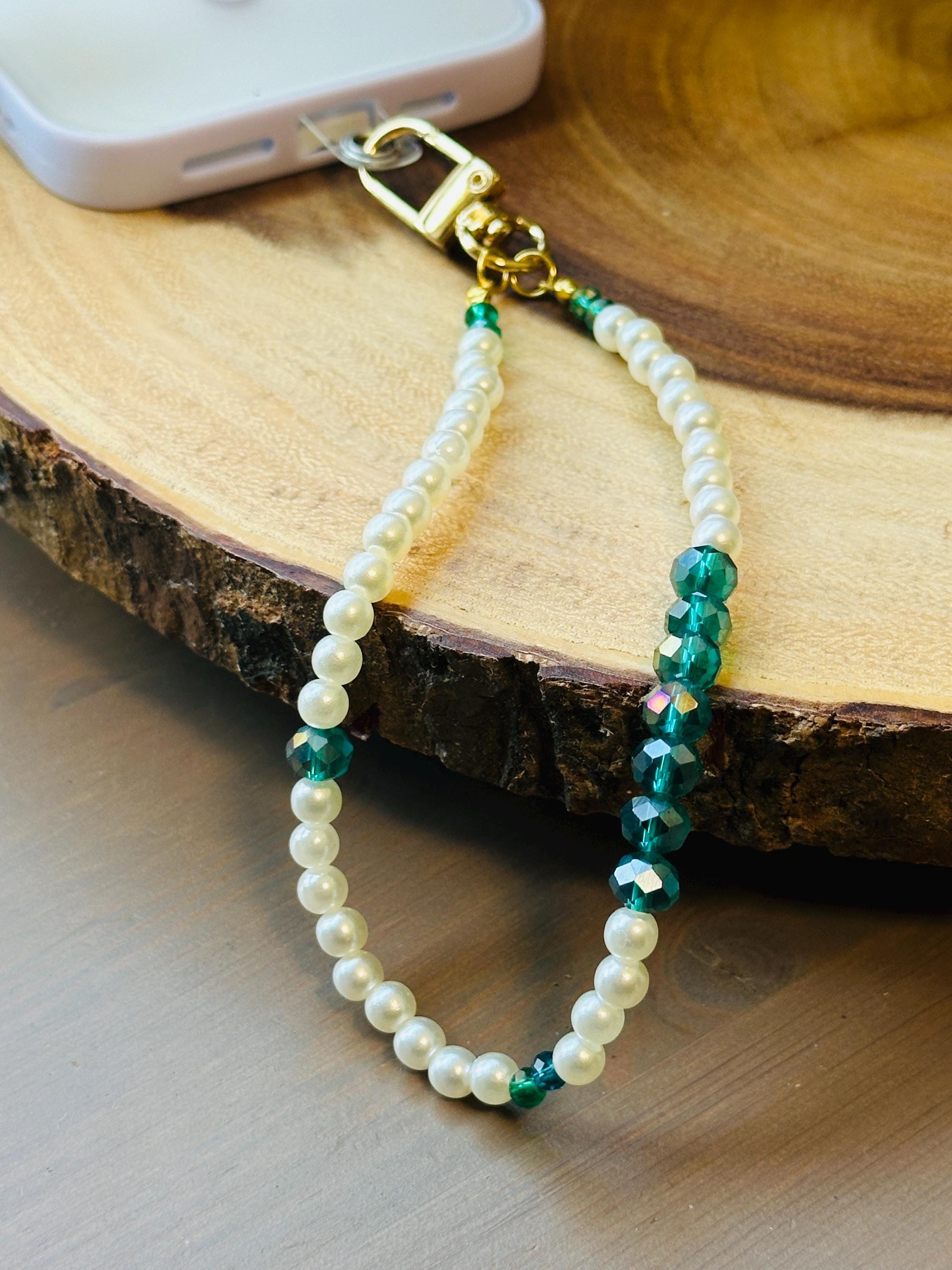 Emerald Green Crystal Pearl Phone Strap, Vintage Style Beaded Wristlet