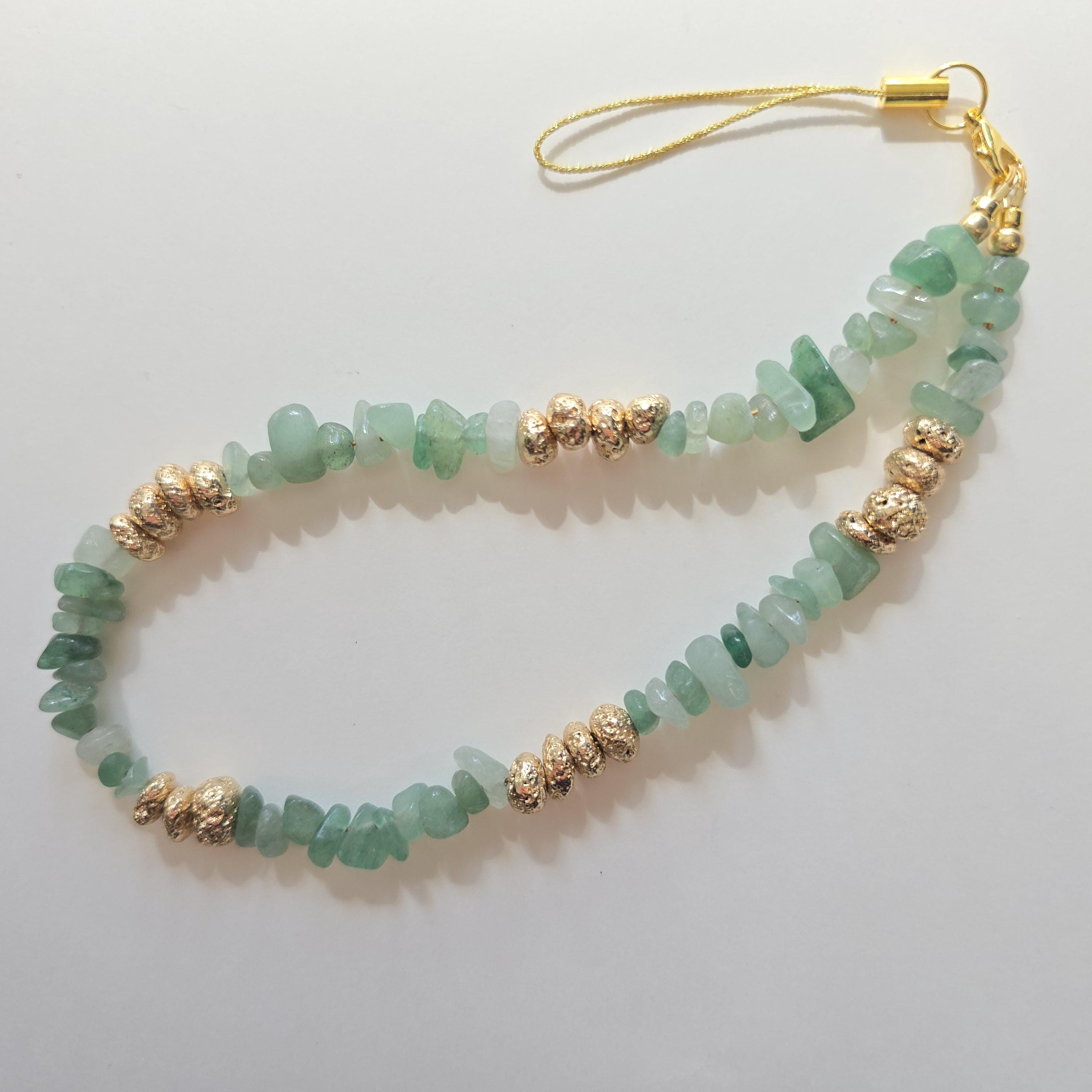 Green Aventurine Phone Charm Strap, Natural Stone Beaded Phone Lanyard, Gold Lava Bead Wrist Strap, Earthy Aesthetic Phone Charm