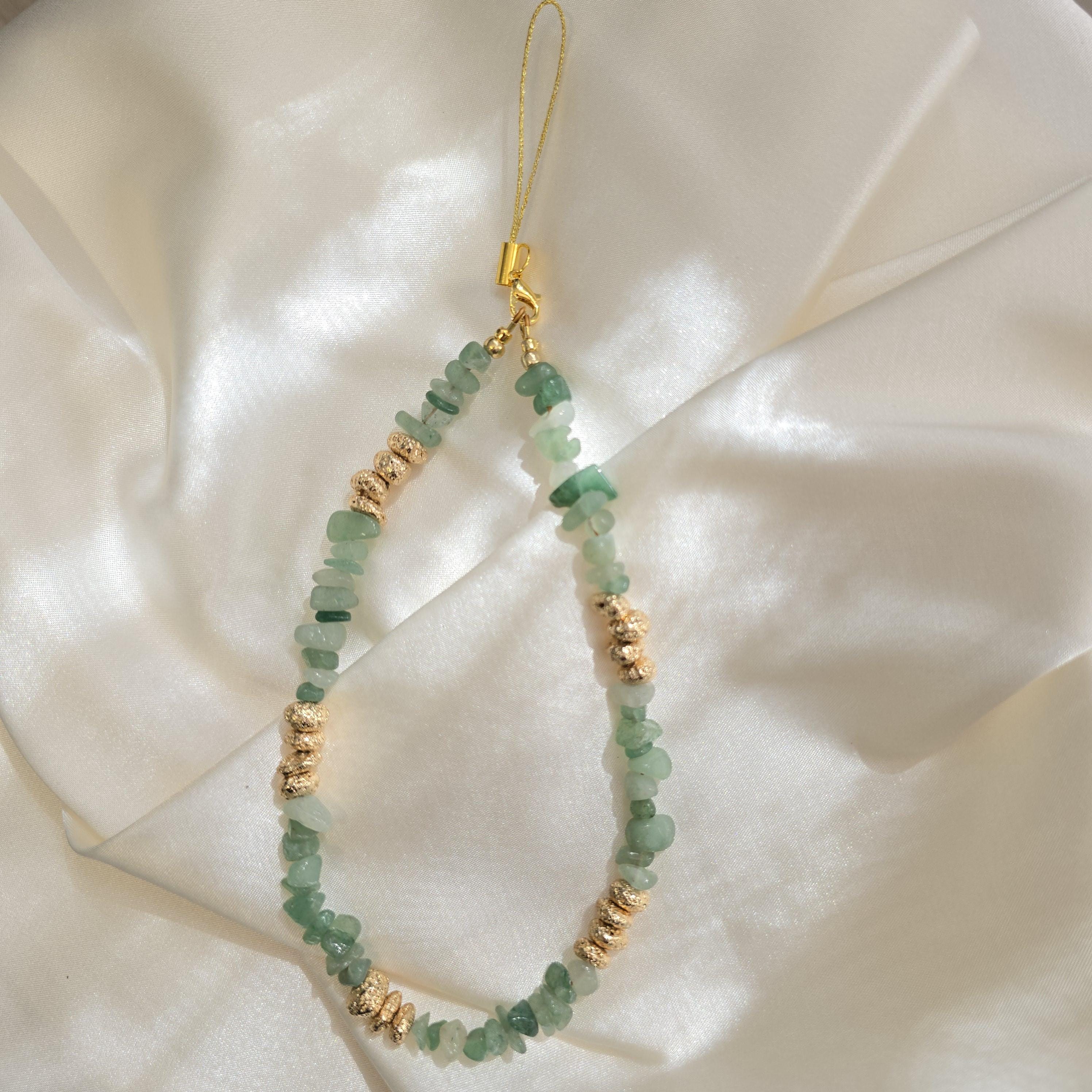 Green Aventurine Phone Charm Strap, Natural Stone Beaded Phone Lanyard, Gold Lava Bead Wrist Strap, Earthy Aesthetic Phone Charm