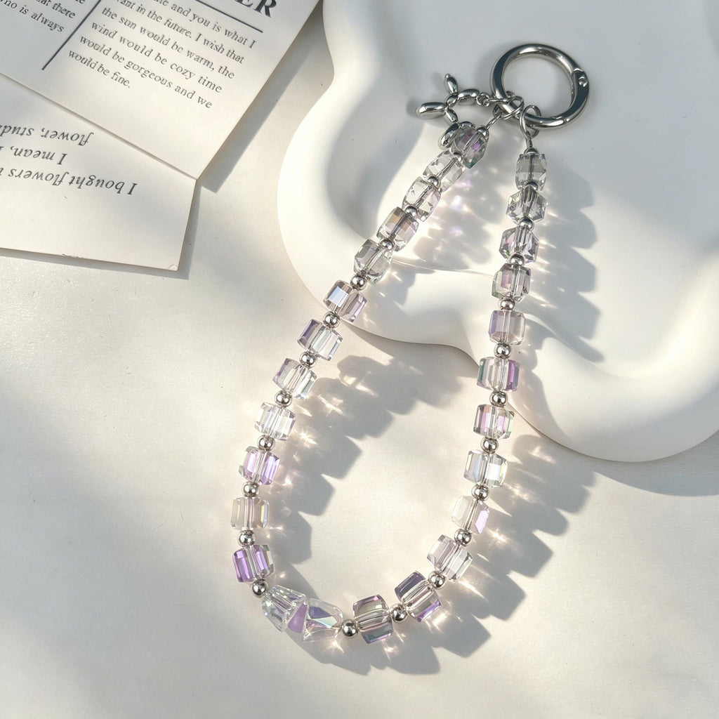Multi-color Cube Crystal Phone Chain • Iridescent Square Beaded Lanyard