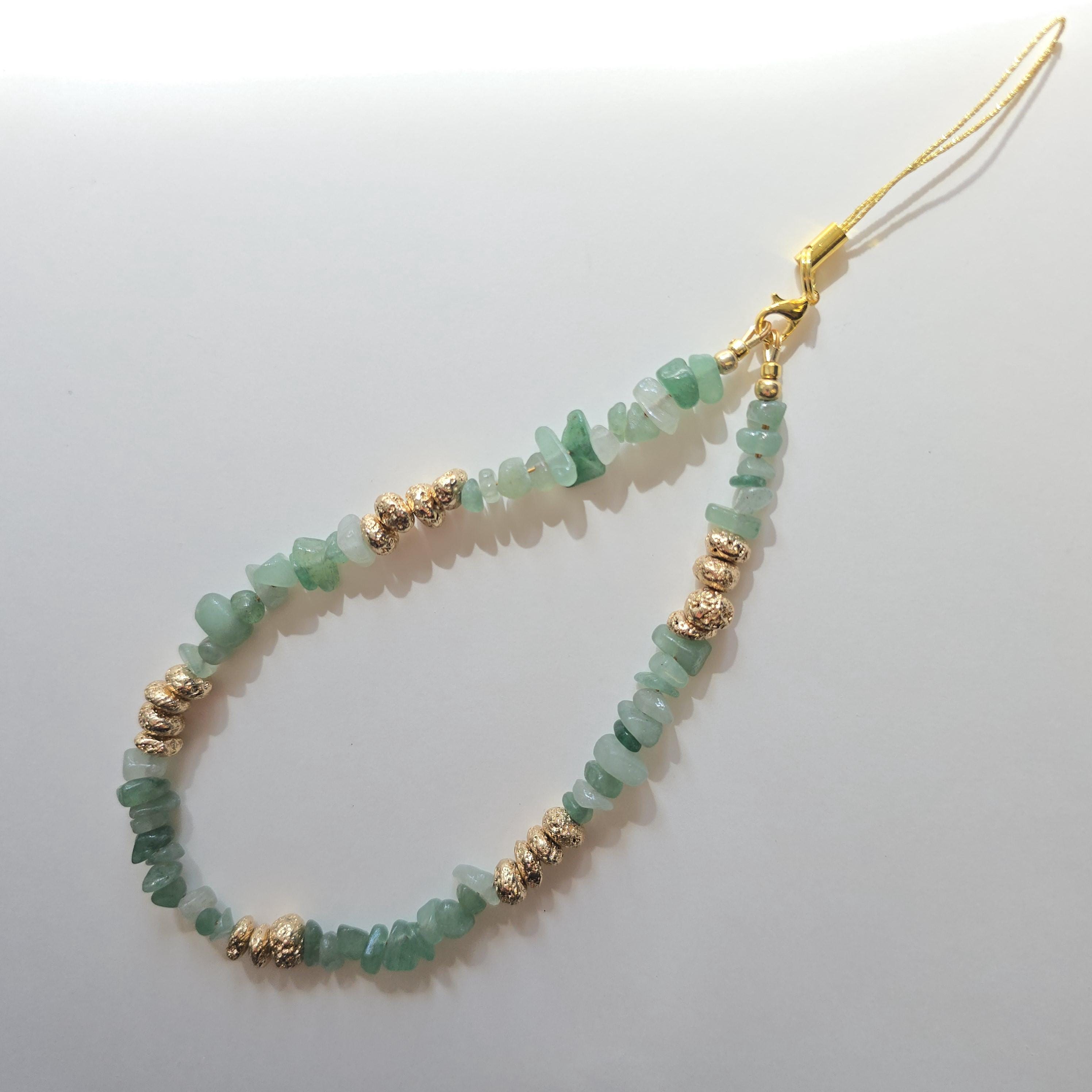 Green Aventurine Phone Charm Strap, Natural Stone Beaded Phone Lanyard, Gold Lava Bead Wrist Strap, Earthy Aesthetic Phone Charm